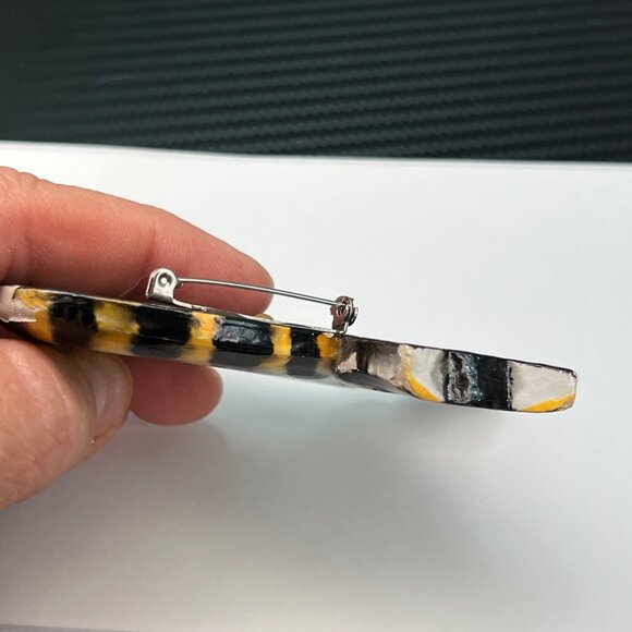 Vintage Handcrafted Wooden Cat Kitty Artisan Brooch Pin Orange Black Striped - Picture 3 of 7